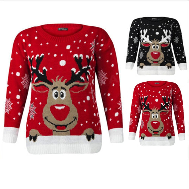 Women Christmas Deer Warm Knitted Long Sleeve Sweater