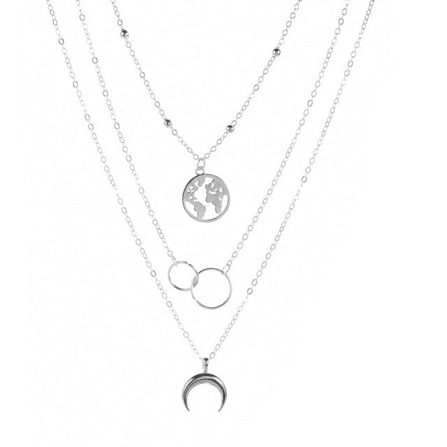 Fashion Retro Moon World Map Circle Pendant Necklace