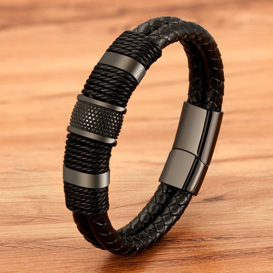 Woven Leather Rope Style Classic Stainless Steel Men's Leather Bracelet