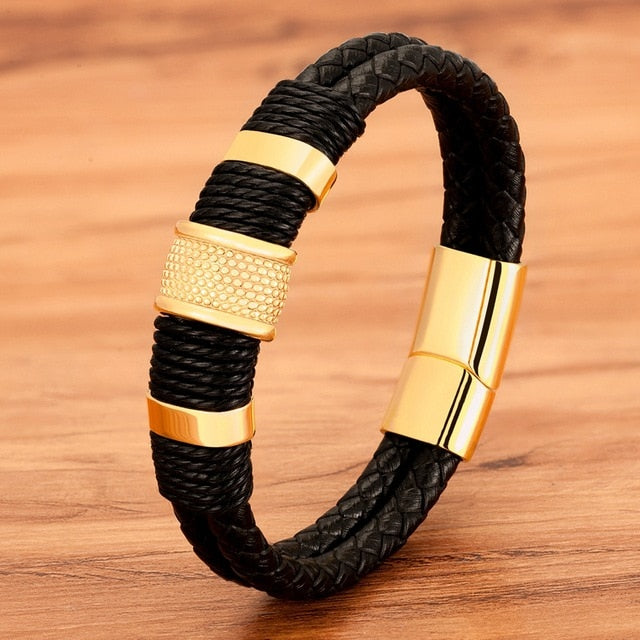 Woven Leather Rope Style Classic Stainless Steel Men's Leather Bracelet