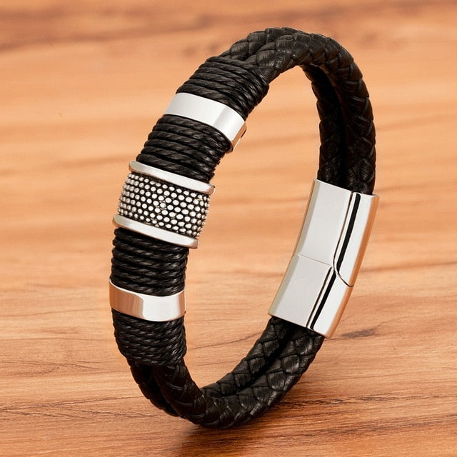 Woven Leather Rope Style Classic Stainless Steel Men's Leather Bracelet