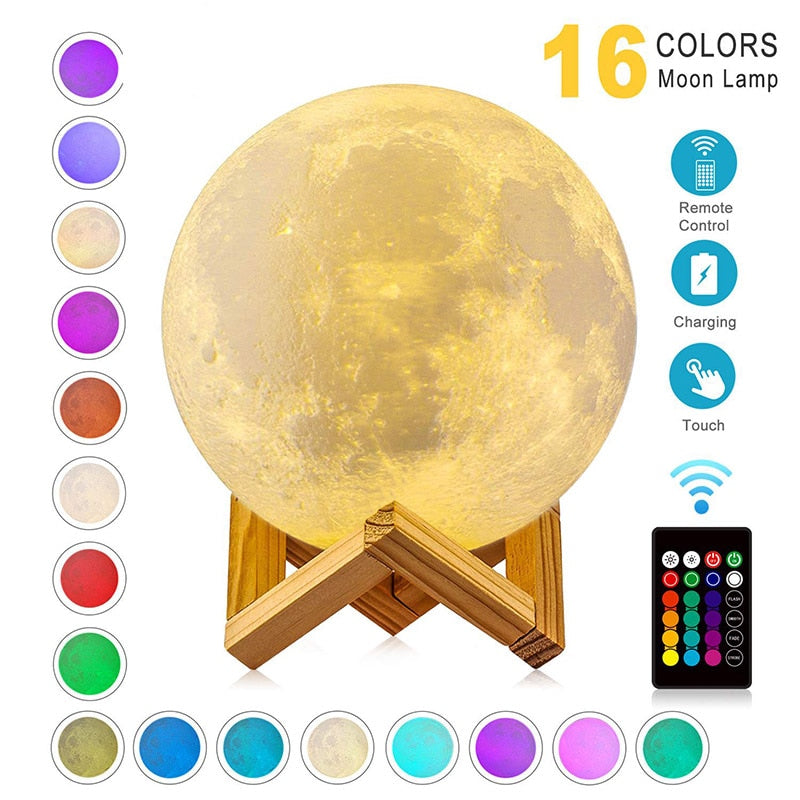 USB Rechargeable 3D Print Moon Lamp Night Light Creative Home Decoration