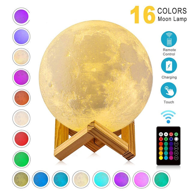 USB Rechargeable 3D Print Moon Lamp Night Light Creative Home Decoration