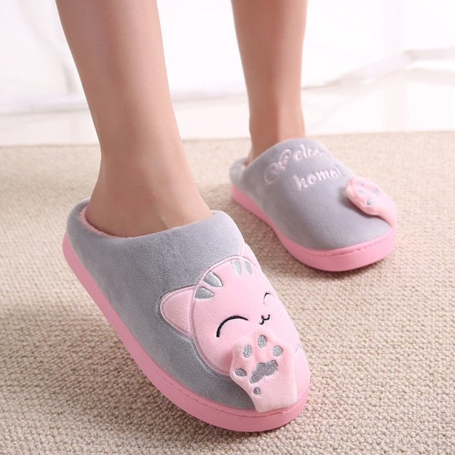 Women Winter Home Slippers Cartoon Cat Shoes Non-Slip Soft Winter Warm House Slippers Indoor Bedroom Lovers Couples Floor Shoes