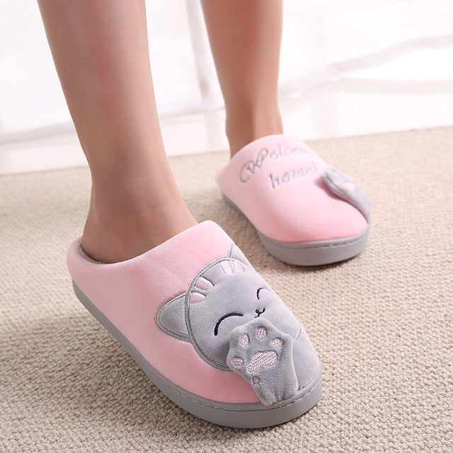 Women Winter Home Slippers Cartoon Cat Shoes Non-Slip Soft Winter Warm House Slippers Indoor Bedroom Lovers Couples Floor Shoes