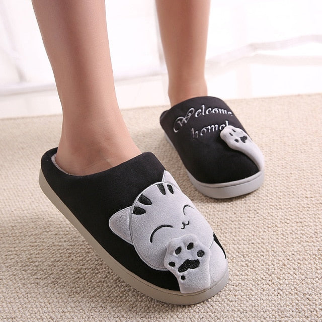 Women Winter Home Slippers Cartoon Cat Shoes Non-Slip Soft Winter Warm House Slippers Indoor Bedroom Lovers Couples Floor Shoes