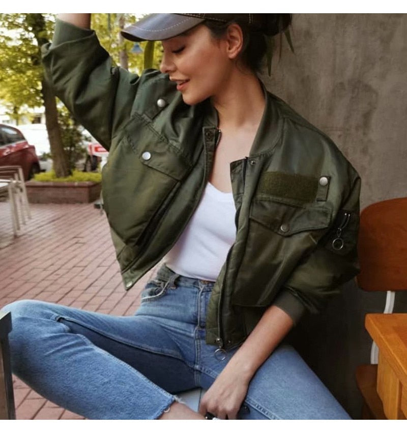 Artsnie Autumn 2020 Bomber Jacket Women Army Green Warm Zipper Pockets Winter Coat Female Jacket Parkas Femme Chaqueta Mujer