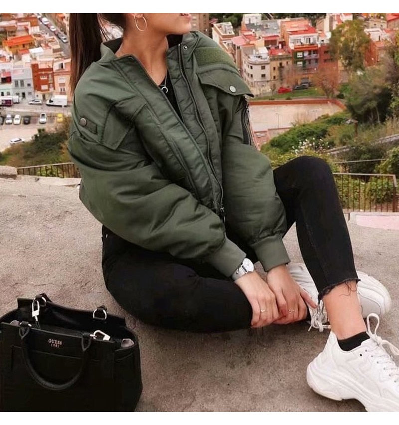 Artsnie Autumn 2020 Bomber Jacket Women Army Green Warm Zipper Pockets Winter Coat Female Jacket Parkas Femme Chaqueta Mujer