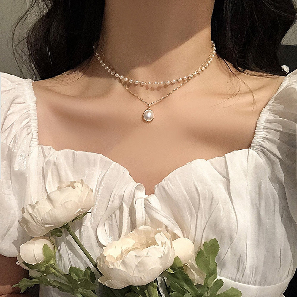 Pearl Choker Necklace Double Layer Chain Pendant For