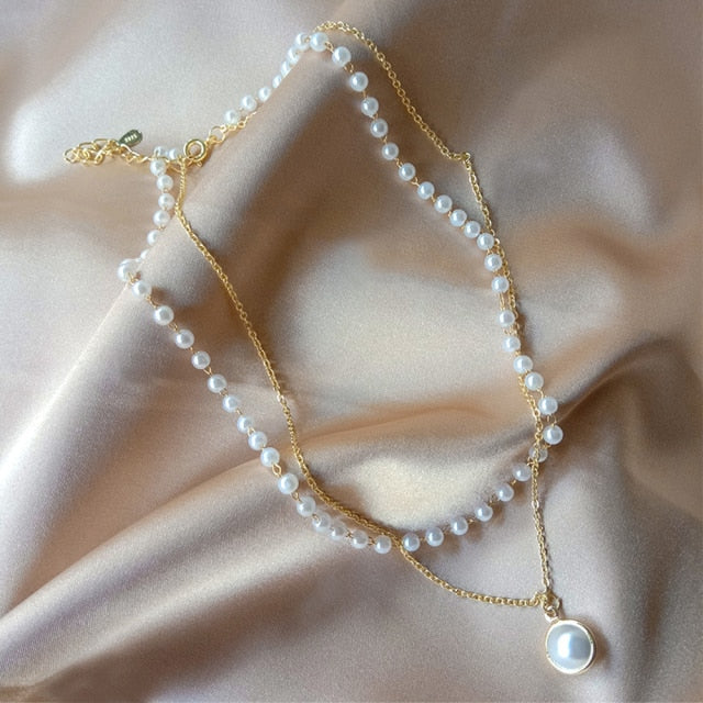 Pearl Choker Necklace Double Layer Chain Pendant For