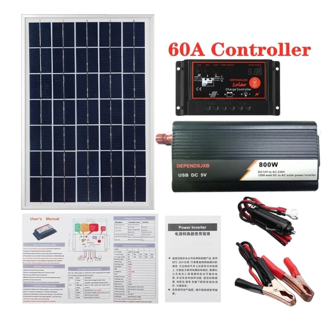 12V/24V Solar Panel System 18V 20W Solar Panel Battery Charge Controller 800W/1000W Solar Inverter Kit Complete Power Generation