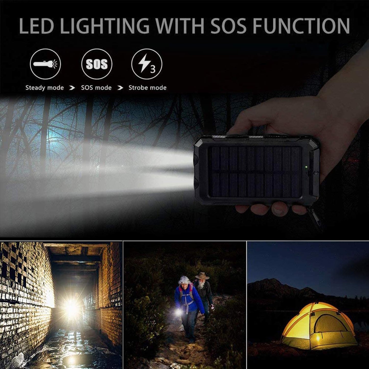 Outdoor Survival Camping Equipment 20000mAh Portable Waterproof Solar Power Charger Bank With LED Flashlights for Adventure Emer