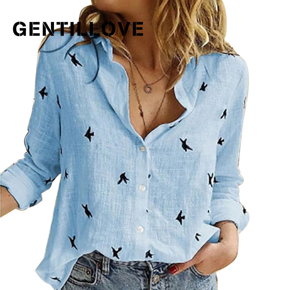 Womens Casual Long Sleeve Bird Print Shirt