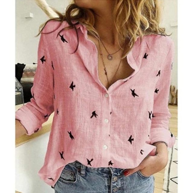 Womens Casual Long Sleeve Bird Print Shirt