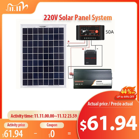 12V/24V Solar Panel System 18V 20W Solar Panel Battery Charge Controller 800W/1000W Solar Inverter Kit Complete Power Generation