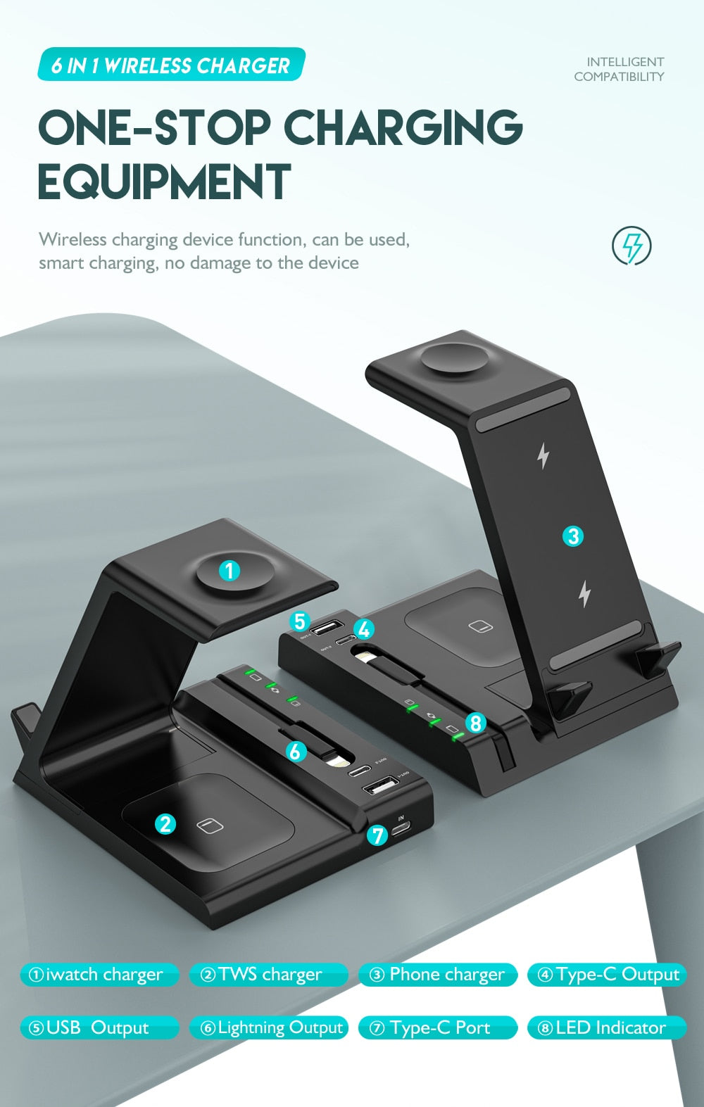 Wireless Charger 6 in 1 Of 15W Fast Charge Station