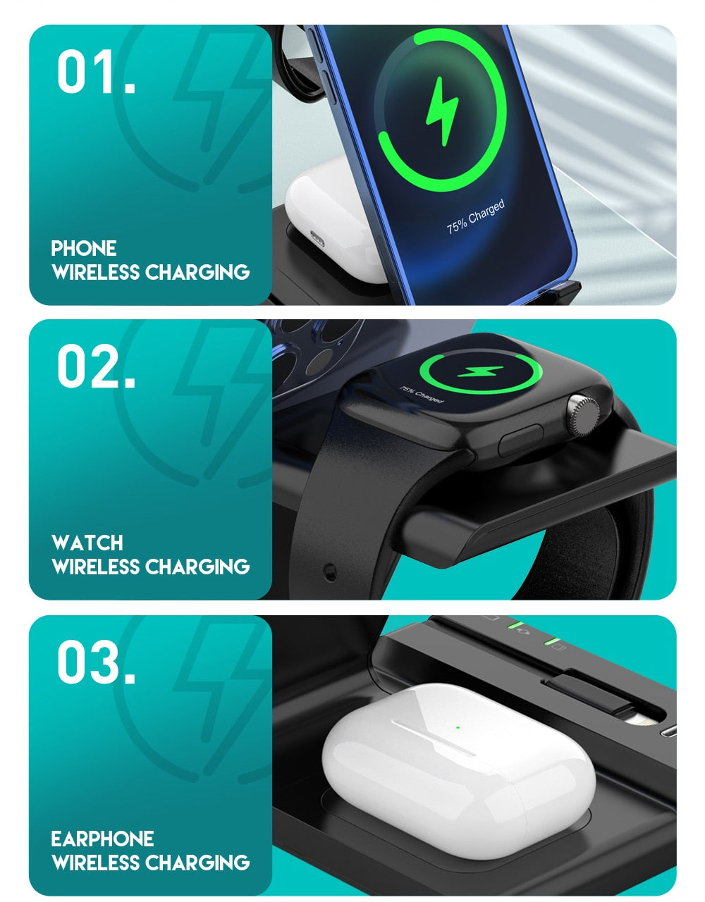 Wireless Charger 6 in 1 Of 15W Fast Charge Station